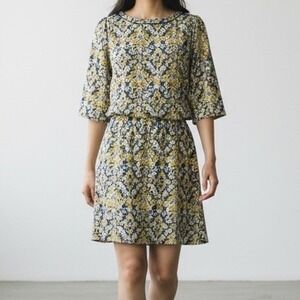 7-ID Concept. Floral Mini Dress Blue Mustard Retro size 38 / Small